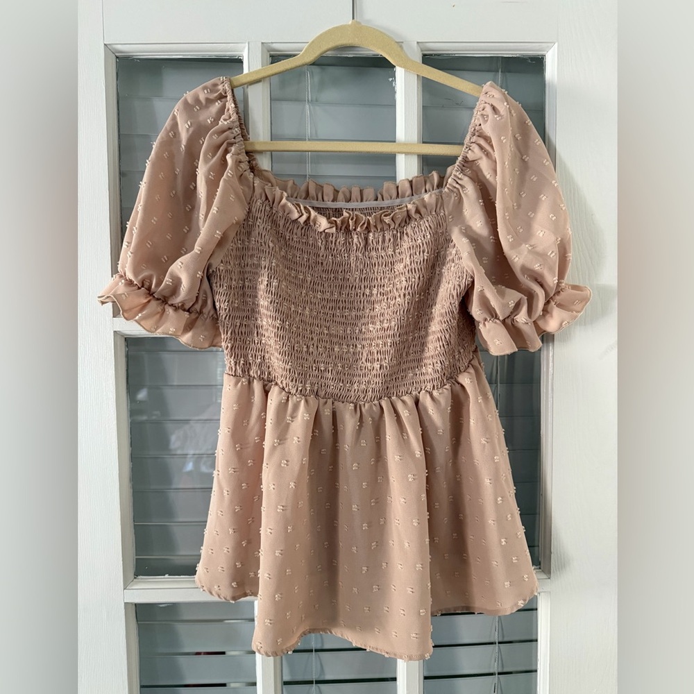 SHEIN Women’s L Tan‎ Smocked Peplum Puff Sleeve Blouse | SKU 0162